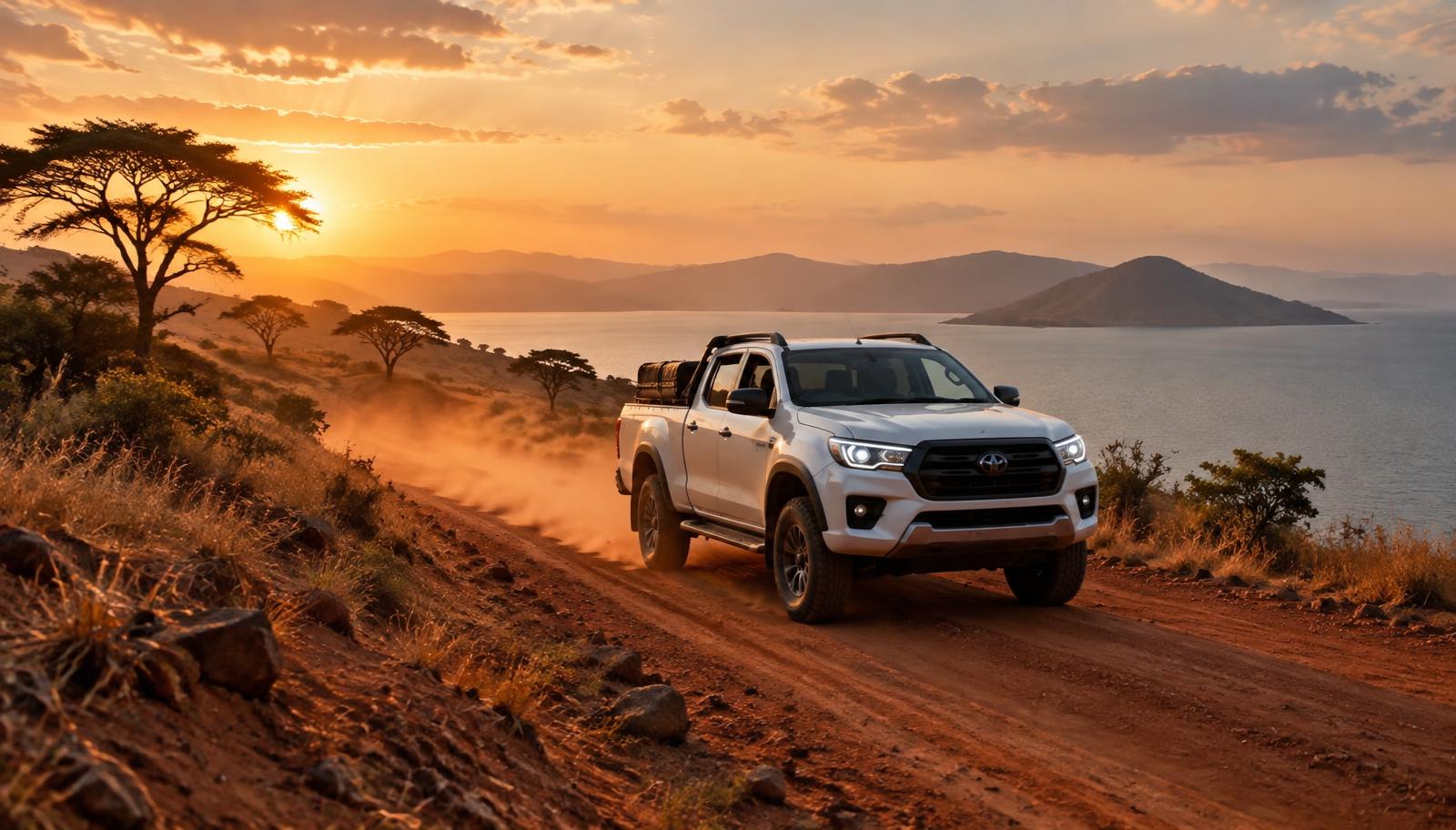 A hire 4x4 on a dirt road beside Lake Malawi at sunset